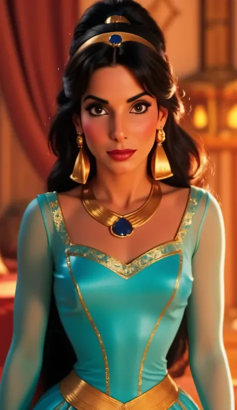 "Sandra Bullock as Princess Jasmine from Aladdin, wearing a turquoise royal outfit with gold details, long black hair styled in Jasmine's iconic ponytail, large gold earrings and headband with a sapphire gem, standing in a luxurious Arabian palace with war...