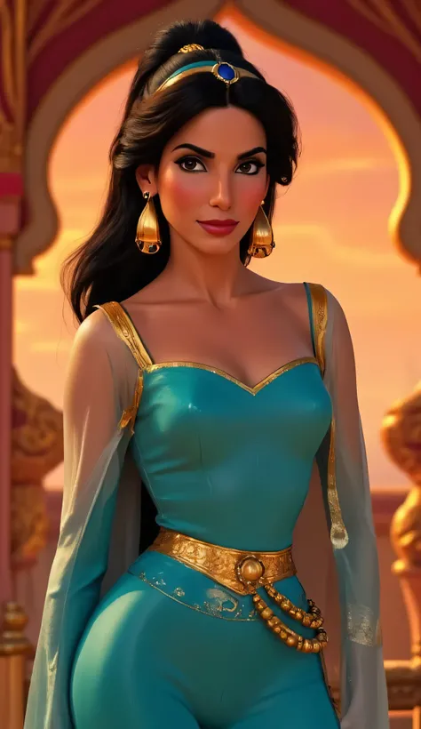 "Sandra Bullock as Princess Jasmine from Aladdin, wearing a turquoise royal outfit with gold details, long black hair styled in Jasmine's iconic ponytail, large gold earrings and headband with a sapphire gem, standing in a luxurious Arabian palace with war...