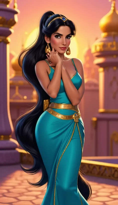 "Full-body portrait of Sandra Bullock as Princess Jasmine from Disney's Aladdin, wearing a turquoise royal outfit with gold accents, long black hair in Jasmine's iconic ponytail, large gold earrings and a sapphire tiara, standing gracefully in front of the...