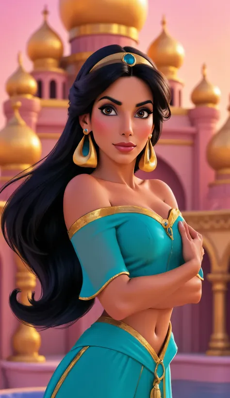 "Full-body portrait of Sandra Bullock as Princess Jasmine from Disney's Aladdin, wearing a turquoise royal outfit with gold accents, long black hair in Jasmine's iconic ponytail, large gold earrings and a sapphire tiara, standing gracefully in front of the...