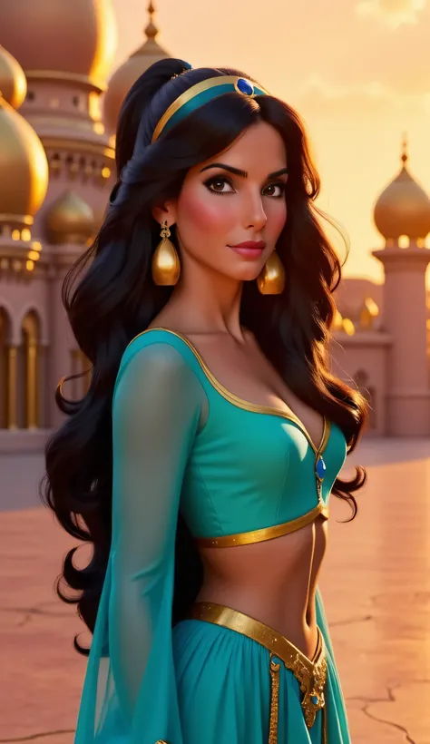 "Full-body portrait of Sandra Bullock as Princess Jasmine from Disney's Aladdin, wearing a turquoise royal outfit with gold accents, long black hair in Jasmine's iconic ponytail, large gold earrings and a sapphire tiara, standing gracefully in front of the...