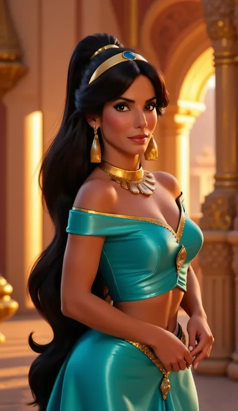 "Sandra Bullock as Princess Jasmine from Aladdin, wearing a turquoise royal outfit with gold details, long black hair styled in Jasmine's iconic ponytail, large gold earrings and headband with a sapphire gem, standing in a luxurious Arabian palace with war...