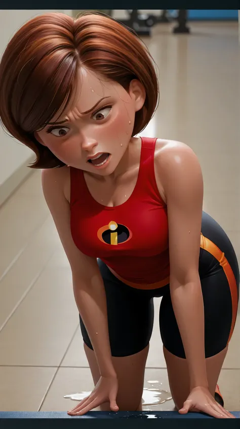 score_9, score_8_up, score_7_up, score_6_up, score_5_up, score_4_up, rating_questionable, 1girl, Hel_enParr, short hair, dark red hair, big hips, bending over, hands on knees, dripping sweat, dripplits of sweat on the floor, puddle of sweat, steam coming o...