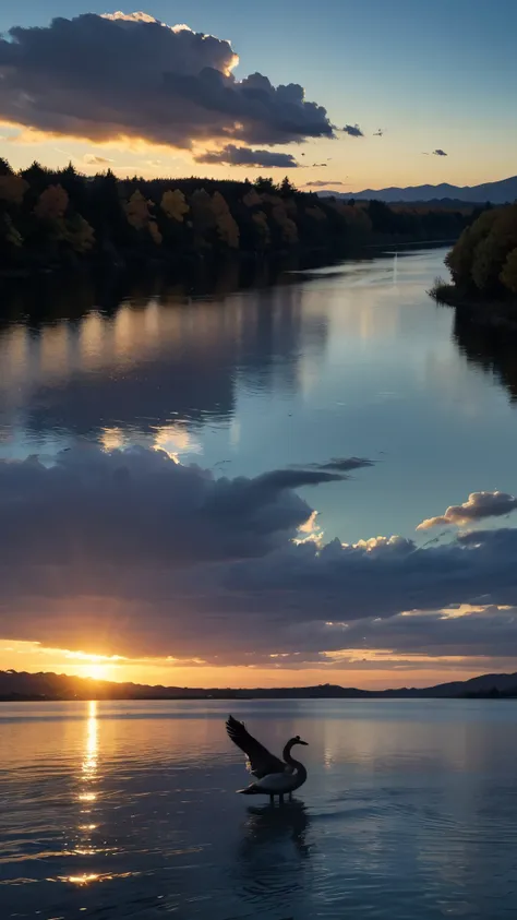 in high-definition images,The sun fades away with a lonely goose in the distance, The sun's rays fly along with geese in the lake、 the water of an autumn river is connected to the vast sky ,