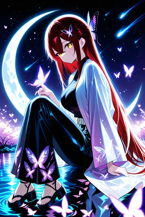 1 girl , golden eyes , very long hair , long sidelocks, red hair ,half updo, petite , very cute , beautiful ,Straight hair, cool, handsome, hair between eyes, sexy, female, mediumlarge breasts, lovely, kawaii, sitting in pond with purple water, holding ka...