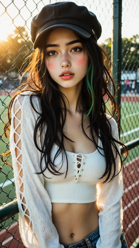 8k, Masterpiece, Top Quality, medium shot, eye-level shot, woman, fair skin, rosy cheeks, dark eyes, reddish lips, makeup, long hair, wavy hair, dark hair, black hair, green highlights, wearing white top, long sleeves, lace-up sleeves, lace-up front, cropp...