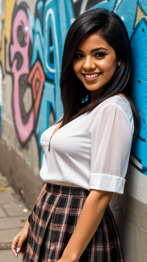 Mexican woman with light brown skin. Long, straight, black hair. White low-cut blouse. Short black school skirt. High heels. Smiling. Leaning against a graffitied wall.