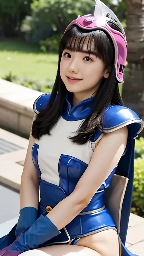 1girl、((full body))、realistic、(((masterpiece、Highest Quality、high resolution)))、Professional Lighting、Japanese、cute、thin、small、is young、Ashida Aina、((Chichi's Costume in Dragon Ball、pink helmet、pink gloves、pink boots、navy blue shoulder pads、navy blue metal...