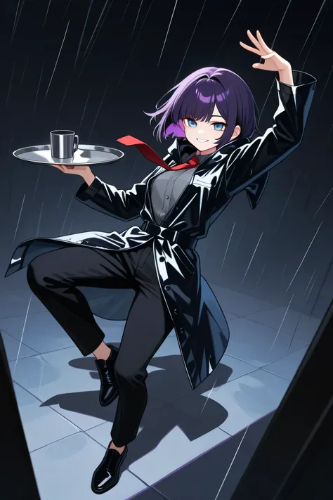 1 girl, solo, full body, short hair, multicolored dark purple hair, smile, blue eyes, black raincoat, black trousers, gray shirt, red tie, epic pose, empty tray in hand, tray raised slightly above head