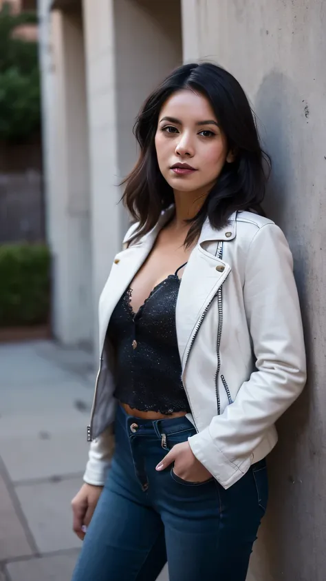 Mexican prostitute with light brown skin. Small smile. Short, black hair. Dark makeup. White cropped shirt. Black leather jacket. Ripped blue jeans. Standing against a wall at night. Dirty street.
