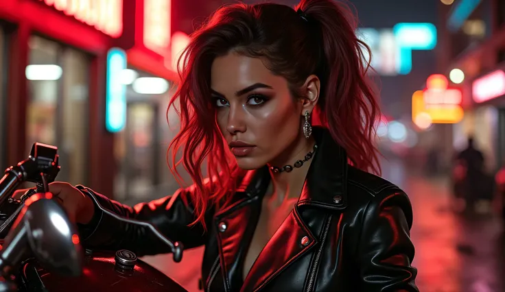 sexy harley queen, photorealistic, 8K, highly detailed, intricate, elegant, seductive, badass, female character, smirking facial expression, side profile, leather jacket, red and black color scheme, motorcycle, industrial cityscape background, neon lights,...