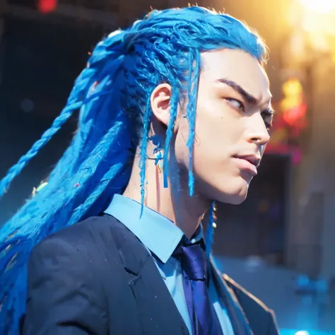 Stylized male character with long blue dreadlocks, wearing a suit and tie, sharp facial features, strong lighting and dramatic shadows, in the bold and colorful art style of Hades by Supergiant Games, comic book style, fluorescent color, Upper body, dreadl...