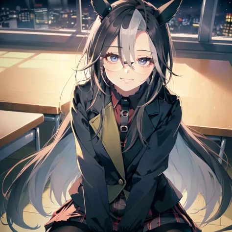 (Solo: 2). Girl. (Girl with horse ears: 1.5). (Girl with horse tail: 1.5). (Black hair: 1.5). (Super long hair: 1.5). (Slanted eyes: 1.5). (Arm between legs: 2). (Blazer: 2). (Black pantyhose: 1.5). (Short skirt: 1.5). (Glasses: 1.5). (Staring at you with ...