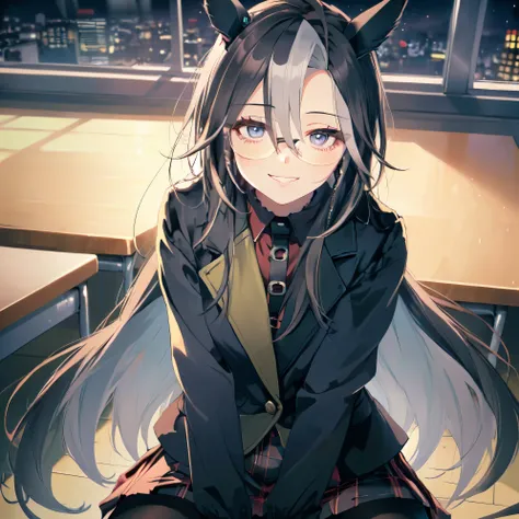 (Solo: 2). Girl. (Girl with horse ears: 1.5). (Girl with horse tail: 1.5). (Black hair: 1.5). (Super long hair: 1.5). (Slanted eyes: 1.5). (Arm between legs: 2). (Blazer: 2). (Black pantyhose: 1.5). (Short skirt: 1.5). (Glasses: 1.5). (Staring at you with ...