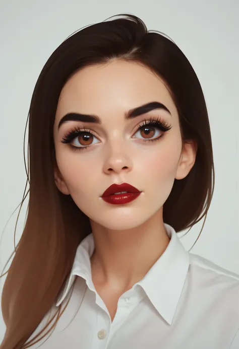 simple background, perfect face, slick back hair, black straight hair, thin eyebrows, black eyebrows, big eyes, brown eyes, thick lipstick, beautiful woman, white shirt collar johnny