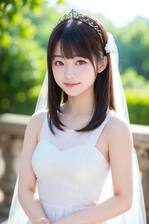 Bridal gown,Elegant Spirituality,cute Japanese woman with a gentle smile,Exquisite crown decoration,Light makeup,Light flowing tulle,Noble Elegance,Outdoor natural greenery,Warm radiance,Delicate soft texture,4k HD,Professional Exquisite,Realistic photogra...