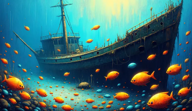 crie uma Impressionist painting de um school of fish coloridos em um coral, the lighting comes from above, At the water's edge, you can see a more prominent fish, In the background the half-destroyed remnant of a very sunken ship, covered in algae and with...