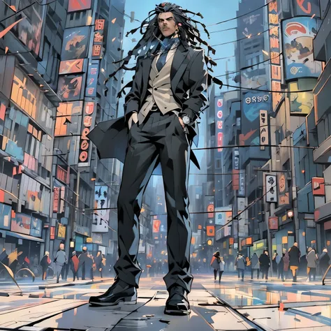 1man, alone, long blue dreadlocks, wearing a black suit, black tie, blue shirt, work office clothes, standing in the streets, Shibuya Crossing, There is nobody in the streets, looking at his watch, sharp facial features, full body, dreadlocks tied in a pon...
