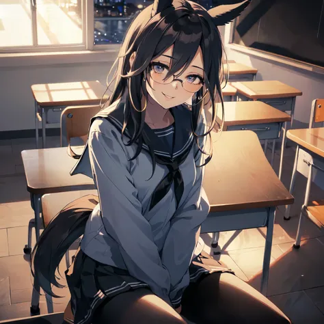 (Solo: 2). Girl. (Girl with horse ears: 1.5). (Girl with horse tail: 1.5). (Black hair: 1.5). (Super long hair: 1.5). (Slant eyes: 1.5). (Arm between legs: 2). (Sailor suit: 2). (Black pantyhose: 1.5). (Short skirt: 1.5). (Glasses: 1.5). (Staring at you wi...