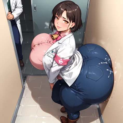 ((better image quality, better sharpness, better contrast, better shading, richness of scenery details, high rear angle, characters of the same size, walking to the entrance of the Japanese anime style public bathroom):1.0), ((Ano Danchi no Tsuma-tachi wa....