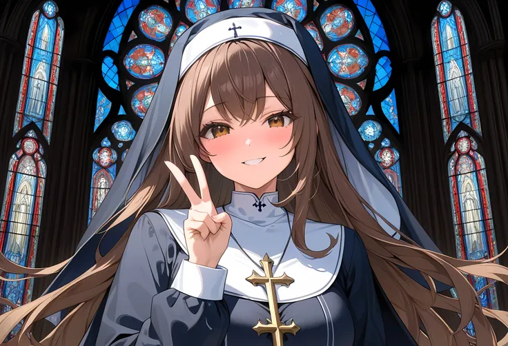 (((Best quality, 8k, Masterpiece: 1.3)), ((best quality)), ((masterpiece)), (detailed), perfect face, perfect body, (detailed skin:1.3), (intricate details), Nun, dark blue robe, brown hair, big hair, shiny hair, shy smile, Cathedral, stained glass, Sacred...