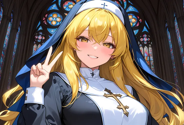(((Best quality, 8k, Masterpiece: 1.3)), ((best quality)), ((masterpiece)), (detailed), perfect face, perfect body, (detailed skin:1.3), (intricate details), Nun, blue robe, yellow hair, big hair, shiny hair, smile, Cathedral, stained glass, Sacred, serene...