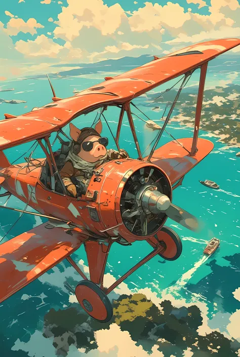 a cinematic anime-style illustration of a humanoid pig pilot flying a vintage red seaplane biplane over the sparkling blue waters of the Mediterranean Sea,
he has the face of a pig with a rounded snout and wears dark aviator sunglasses and a white pilot ...