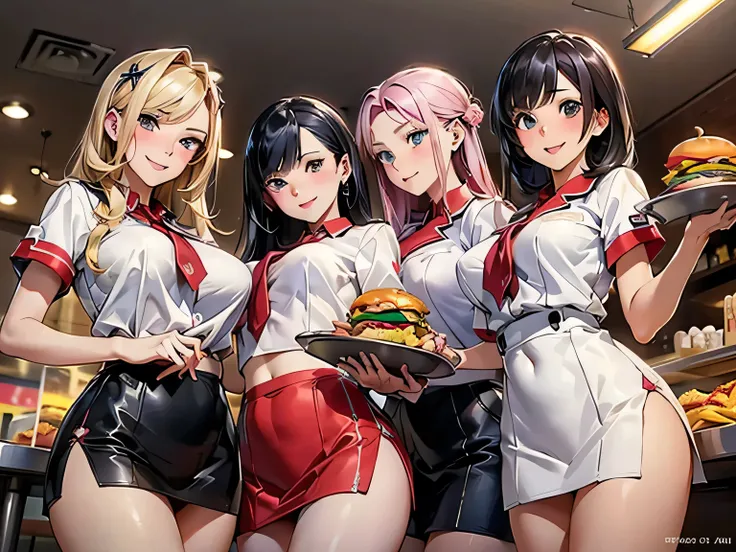 group_mf, ((Beautiful sisters who look good in fast food restaurant uniforms))、Ultra-detailed、(Highest Quality、8k、high resolution、masterpiece:1.2)、Original photo、realistic、impressive angle from below、2 girls、(perfect anatomy:1.7)、((beautiful eyes on my sto...
