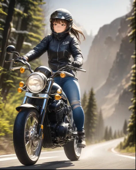 ((( Masterpiece:1.3, Best Quality, hight resolution, nffsw, Perfect Pixel,  4K, nffsw, nffsw))), 1girl in, Off-road motorcycle driving on spring country roads、18-year-old girl、jet helmet、((December scenery, white Christmas, softly falling snow, she drives ...