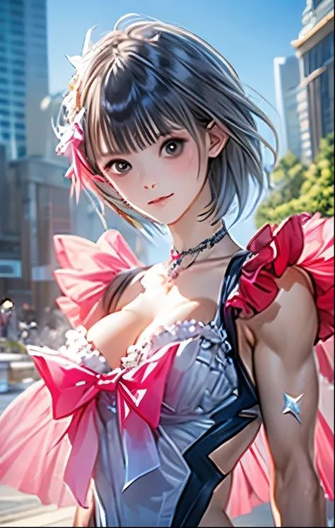 （（（ＳＦＷ、Highest quality、 first class masterpiece 、normal body 、32k、detailed face、super precise、normal hand、5 fingers、Highest）））、hinako-shirai、Shirai Hinako、『Blue Reflection』、Beautiful Girl、 Silver Hair、bob cut、slender、 slim、beautiful breasts、Muscular Magica...