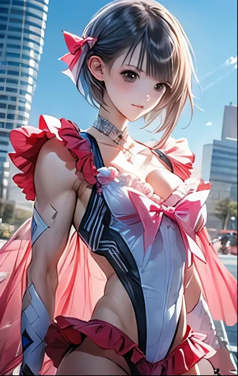 （（（ＳＦＷ、Highest quality、 first class masterpiece 、normal body 、32k、detailed face、super precise、normal hand、5 fingers、Highest）））、hinako-shirai、Shirai Hinako、『Blue Reflection』、Beautiful Girl、 Silver Hair、bob cut、slender、 slim、beautiful breasts、Muscular Magica...