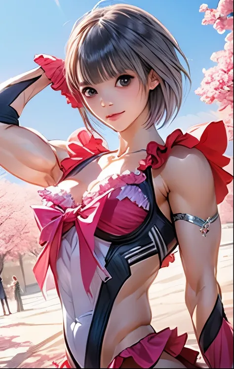 （（（ＳＦＷ、Highest quality、 first class masterpiece 、normal body 、32k、detailed face、super precise、normal hand、5 fingers、Highest）））、hinako-shirai、Shirai Hinako、『Blue Reflection』、Beautiful Girl、 Silver Hair、bob cut、slender、 slim、beautiful breasts、Muscular Magica...