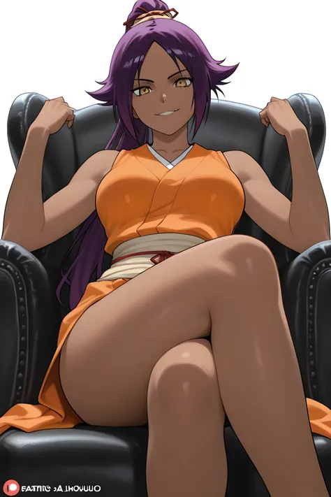 shihouin yoruichi, 1girl, absolute cinema (meme), solo, thighs, very long hair, white background, yellow eyes, looking at viewer, meme, hands up sitting, smile, absolute sinema, seated figure, legs crossed, in chair, medias al muslo