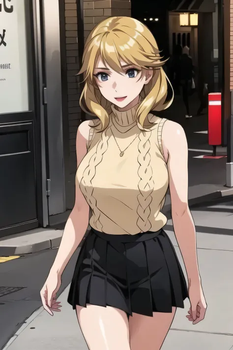 Please be blonde。{{x}},draw her expression more delicately,walking alone, city tour ,,(((She's wearing casual tourist attire))), I have a SLR camera ,(Let's draw a more delicate look),(sleeveless wool sweater),( Pleated Legs,white panties),(That wor...
