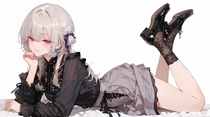 One woman、adult women、wolf cut hairstyle、 Silver Hair、purple eyes、pretty eyes、is smiling、black blouse、 frill、gray skirt、ribbon、black lace socks、Black leather shoes、is facing here、relaxed、pure white background、full bodyショット、full bodyが映っている、full body、simple ...