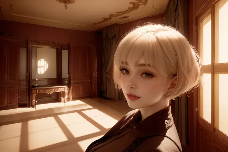 381 (20 year old woman),(short hair),(gentle smile),(high quality photos),( cinematic pictures playing on the lawn ),(colorful),(luxurious room),((contrast between light and shade))