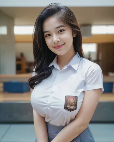 1girl, solo, 19 years old, (uniform), detailed Metropolitan city at the background, portrait, thick breasts, semi-curvy body, smooth realistic skin, cute smile, white shirt, grey blue short skirt, looking at the audience, low angle shot,(8k, RAW photo, bes...