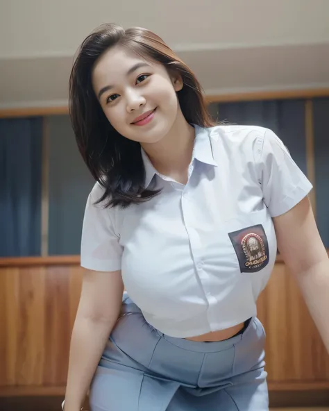 1girl, solo, 19 years old, (uniform), portrait, symmetric pose, thick breasts, semi-curvy body, smooth realistic skin, cute smile, white shirt, grey blue short skirt, looking at the audience, low angle shot,(8k, RAW photo, best quality, masterpiece: 1.3), ...