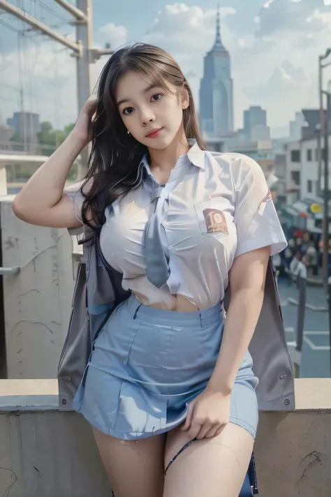 1girl, solo, 19 years old, (uniform), detailed Metropolitan city at the background, portrait, thick breasts, semi-curvy body, smooth realistic skin, white shirt, grey blue short skirt, looking at the audience, cowboy shot,(8k, RAW photo, best quality, mast...