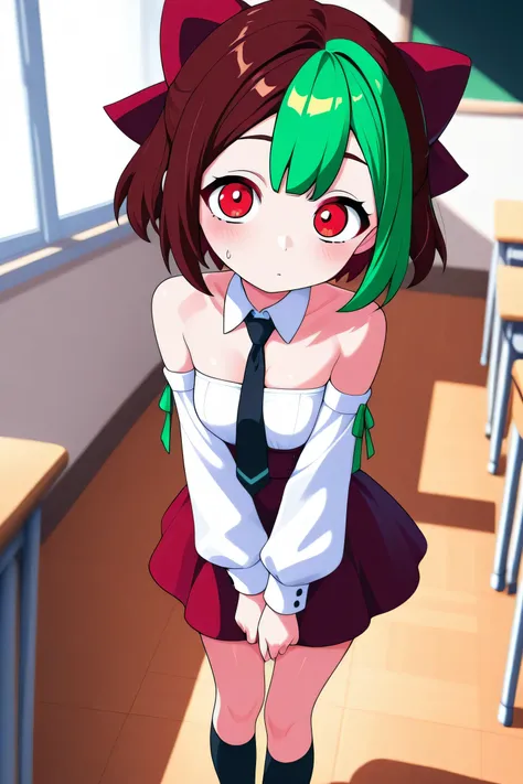core_core_8_up、score_7_up、score_6_up、score_5_up、score_4_up、masterpiece、Highest Quality、in their 40s、 one girl、dyed bangs 、 multicolor hair that matches the eye、two-tone hair、ties、brown hair、Red Eyes、skirt for ears、middle of chest、detachable sleeves、green h...