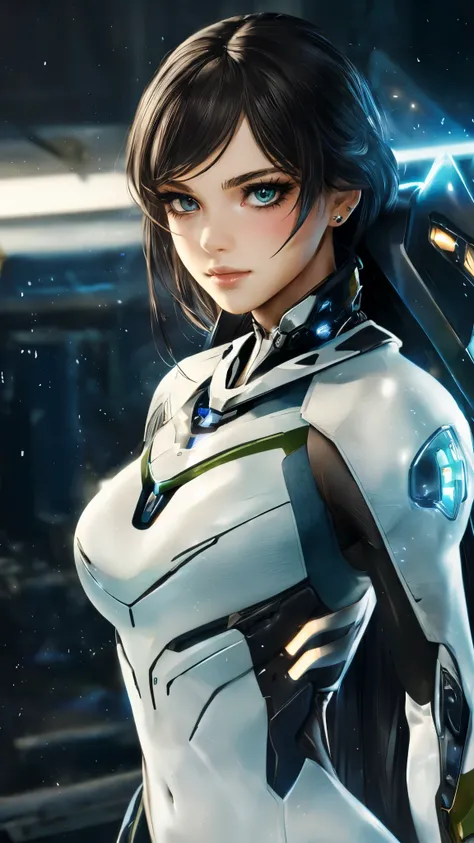 masterpiece, best quality, a beautiful woman with long shiny hair, choppy bangs, delicate face, passionate gaze, perfect smille, blush, seductive expression, tall and fit figure, perfect body, perfect skin, seductive pose, sexy Futuristic Technological Nan...