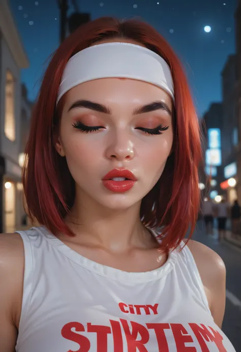 night sky, city street, perfect face, straight hair, lightest red hair, white headband, black eyebrows, thick eyebrows, black eyelashes, black eyeshadows, black eyeliners, closed eyes, bright red lips, thick lips, kiss lips, beautiful woman, white tank top