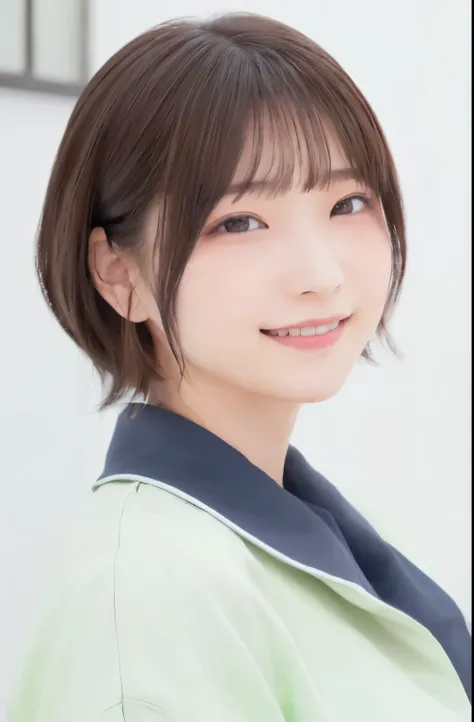 beautiful Japanese woman ,(Winter clothes:1.2), 20 years old、 light green coat、 ( RAW photo, best quality), (reality, realistic :1.4), clean looking 、iris、 Very Detailed Eyes and Face , beautiful detailed nose, beautiful eyes , perfect anatomy over a white...