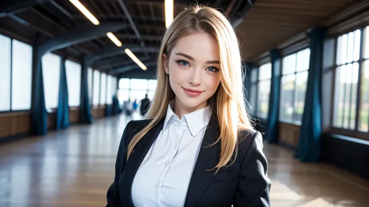 The floor of a large exhibition hall of a gorgeous skyscraper is in the background,, a wide hallway that stretches straight out,upper body shot of an 18-year-old young beautiful white twin model with impressive blue eyes walking apart,so that the face fits...
