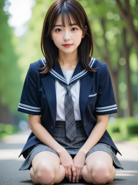 (8k), ( best quality : 1.2), (Realistic), (Realistic: 1.37), ultra high resolution with forest background, ( 1 girl), cute, smile, closed mouth , beautiful detail, Beautiful Nose, ponytails bleeding from the vagina, Giant Dulcefo, pork, Thighs,Self Sn...