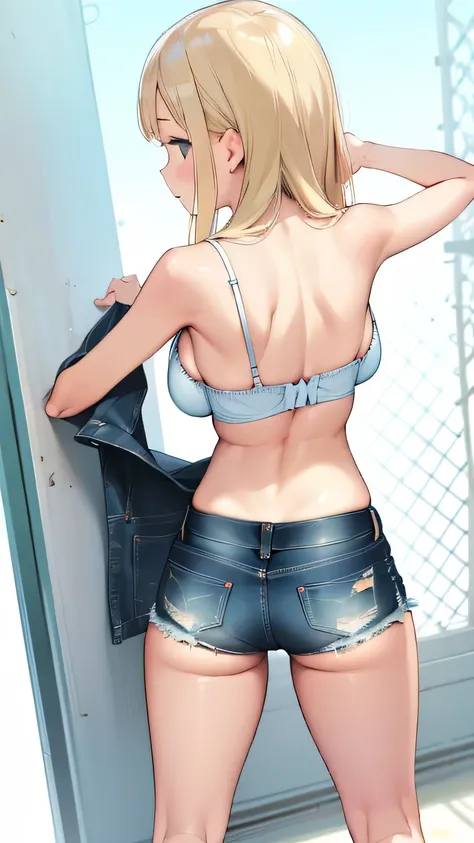 1 girl　bending forward　style　is sticking out the buttocks　 denim mini shorts　perfect for buttocks　Buttocks sticking out of the hem of shorts　white t-shirt　 bra is visible through　angle from behind　blonde gal　Big Breasts　healthy skin　pitch thighs　