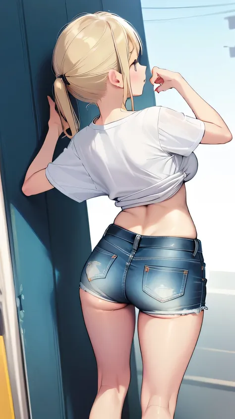 1 girl　bending forward　style　is sticking out the buttocks　 denim mini shorts　perfect for buttocks　Buttocks sticking out of the hem of shorts　white t-shirt　 bra is visible through　angle from behind　blonde gal　Big Breasts　healthy skin　pitch thighs　