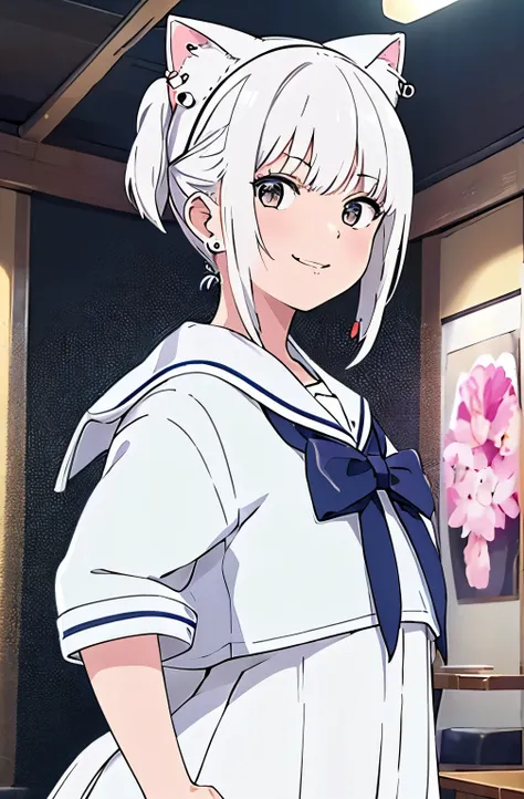 1 girl, Japanese high school girl, ((uniform, sailor suit)), (Walking the streets of Shibuya), (white cat ear headband with earrings),((smiles))masterpiece, Highest Quality, Highest Quality, Movie Lighting, ( Stereo lighting ), extremely detailed CG unity ...