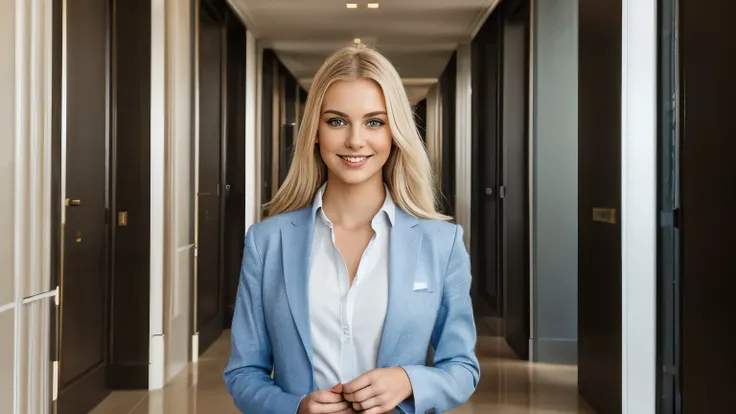 The large entrance of a gorgeous skyscraper is in the background,, a wide hallway that stretches straight out,upper body shot of an 18-year-old young beautiful white twin half model with impressive blue eyes standing apart,so that the face fits in the fram...