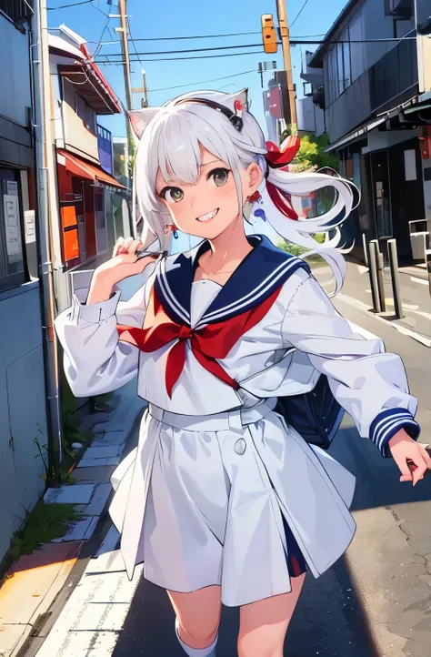 1 girl, Japanese high school girl, ((uniform, sailor suit)), (Walking the streets of Shibuya), (white cat ear headband with earrings),((smiles))masterpiece, Highest Quality, Highest Quality, Movie Lighting, ( Stereo lighting ), extremely detailed CG unity ...
